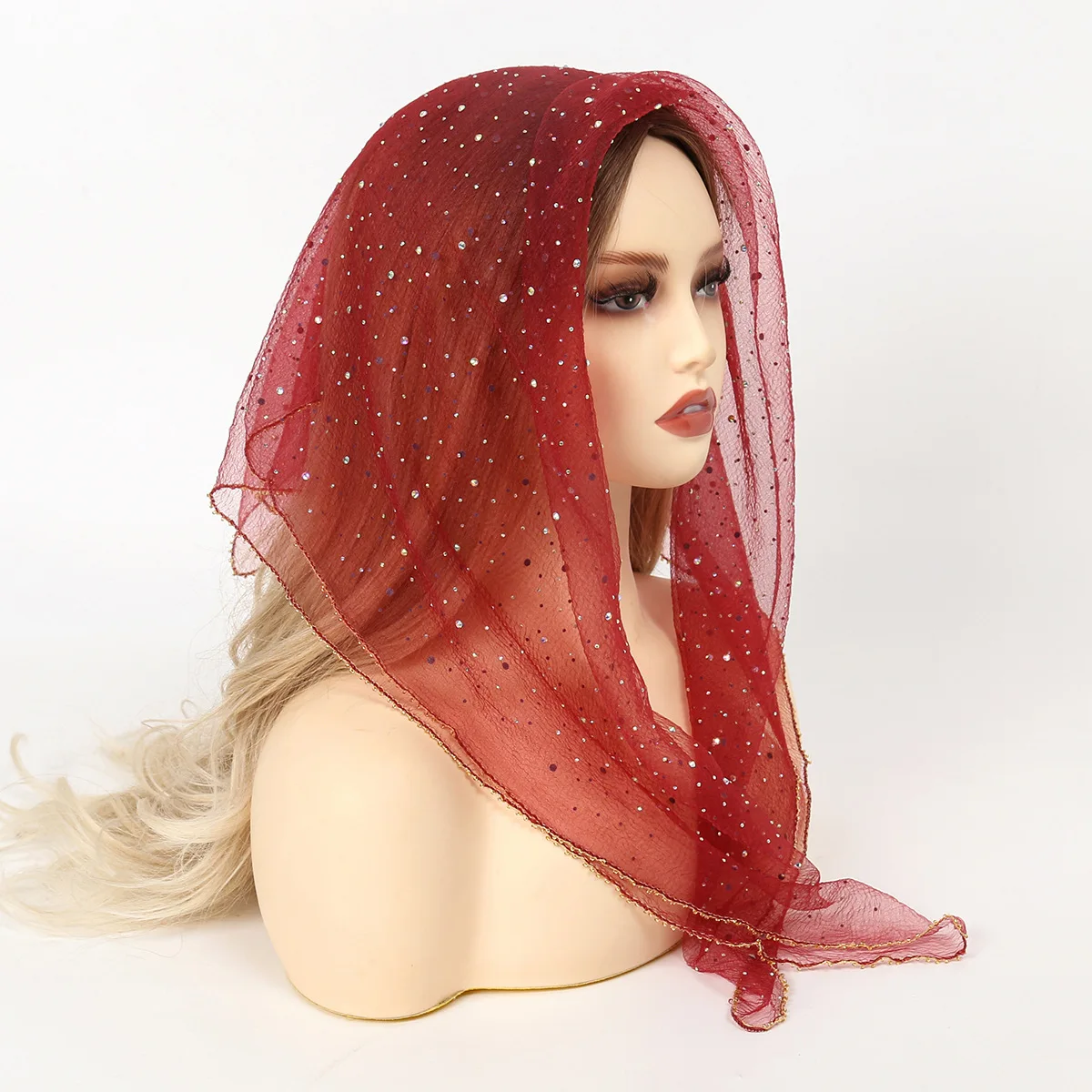 Foulard pour Femme Musulmane, Hijab à Paillettes, Voile en Dentelle et Tulle, Châle en Maille Transparente, Écharpe de Sauna, 80x80cm