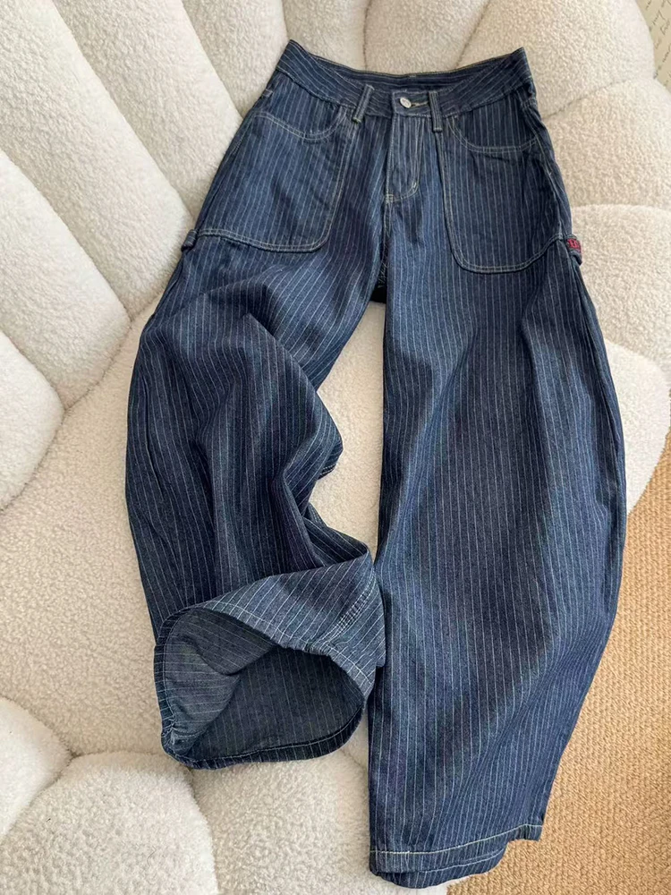 

Мужские джинсы карго в синюю полоску в стиле Y2K, свободные уличные брюки с большими карманами, широкие штанины, в стиле BF, американский пэчворк, универсальные джинсовые брюки