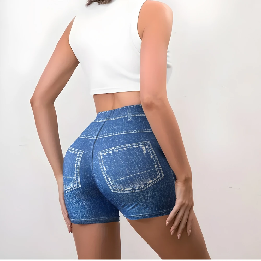 Szorty Damskie Szorty do Jogi Fitness Legginsy z Wysokim Stanem Sztuczny Denim Podarte Krata Trzypunktowe Spodenki Sportowe z Efektem Brzoskwiniowych Bioder