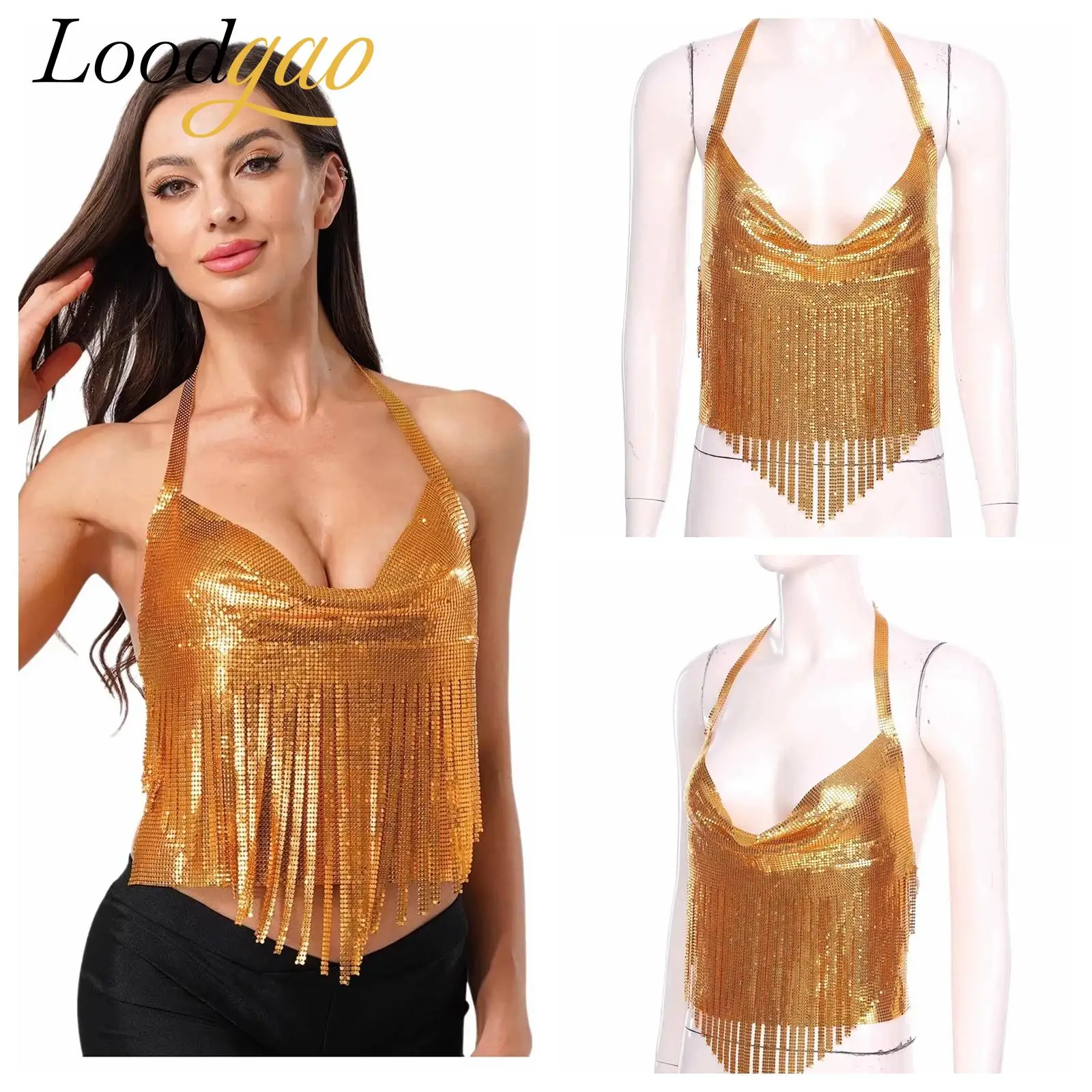 

Women Trendy Festivals Rave Halter Tops Sexy Shiny Metallic Silver Crop Tops Evening Costume Party Tasse Backless Clubbing Vest