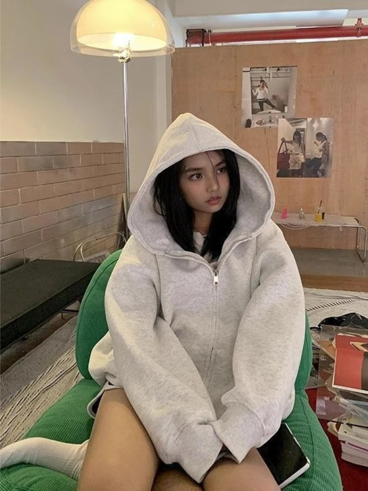 Women's Autumn Original US Vintage High Street Oversized Hooded Sweatshirt Lazy Style Zipper Coat Chic - view 5