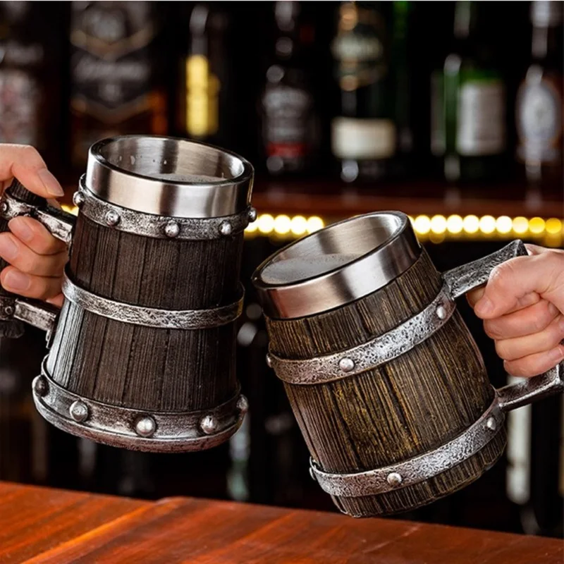 

Viking Wood Style Beer Mug 600ml 3D Resin Coffee Cup Wine Glass Metal Double Wall Beer Jug Cup Thermal Cocktail Accessories