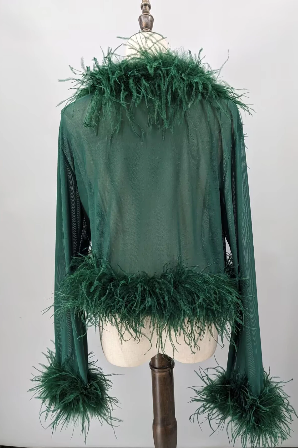 Women See-Through Top with Real Ostrich Feather Brown Black Cropped Jacket Top Bolero 240711