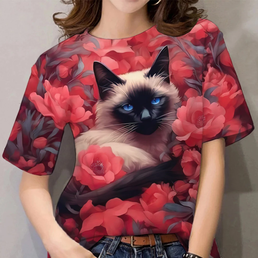 

Женская футболка, модные футболки с милым принтом кота, новые летние топы с короткими рукавами, повседневные пуловеры, женская одежда, уличная одежда, блузки