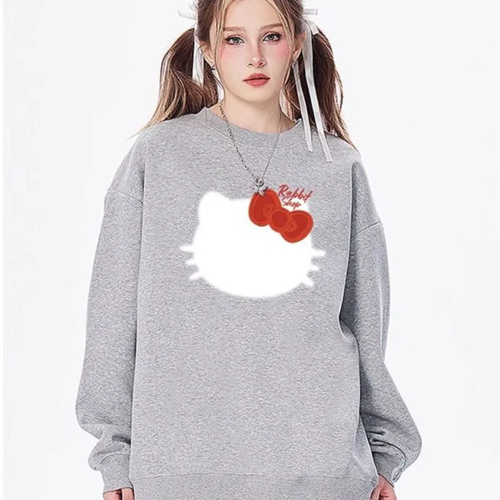 

Новая милая женская толстовка с круглым вырезом и принтом Miniso Hello Kitty, свободная толстовка с героями мультфильмов, повседневный топ в Корейском стиле