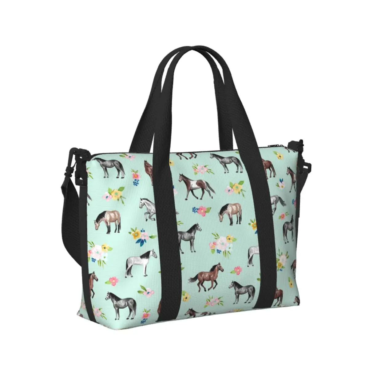 

Custom Horses And Flowers, Mint Blue Beach Travel Bag Large Capacity Tote Bags for Gym Sport Women Shopping Duffle Shoulder Bag
