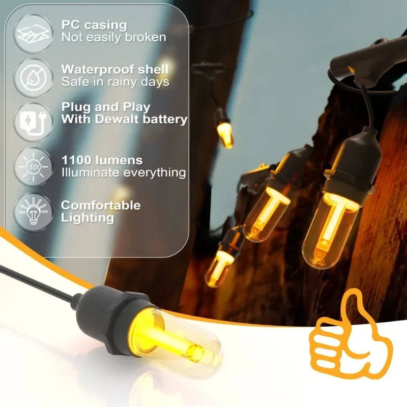 Guirnalda de luces LED para exteriores para Dewalt, batería de 18/20V con bombillas LED de 32 pies para Navidad, patio trasero, porche, balcón, cenador (sin batería)
