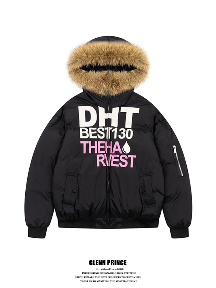 

GPstudio Trendy Brand Detachable Fur Collar Hooded Cotton Jaet Men Thiened Outerwear Loose Print Couple Warm Cotton Clothes