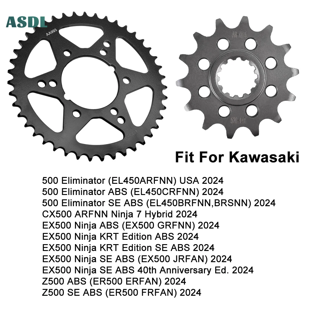 520 43T 14T Motorcycle Front Rear Carburized Steel Sprockets For Kawasaki 500 Eliminator EL450 CX500 EX500 Ninja Z500 ER500 2024