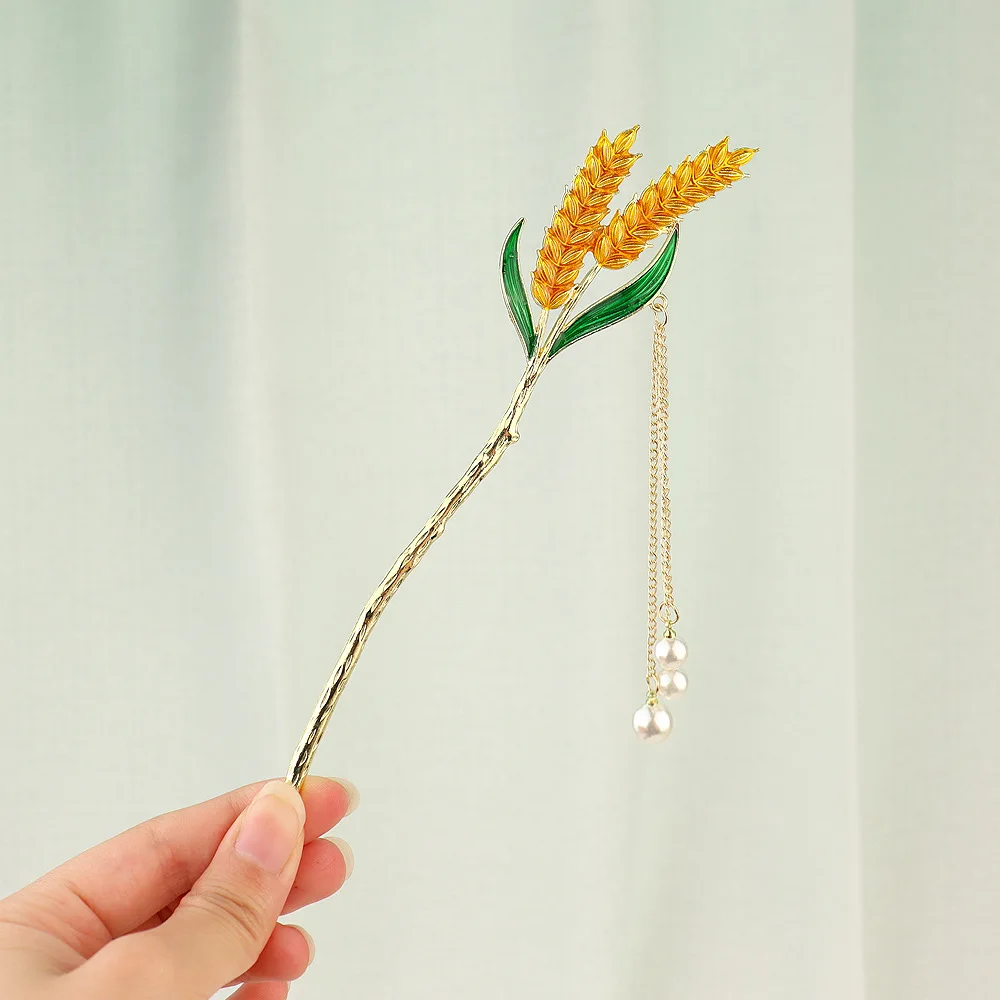 Japanese Chinese Style Enamel Metal Flower Wheat Hair Sticks Pearl Tassel Hairpin Tulip Hair Shopsticks Hanfu Hair Accessories