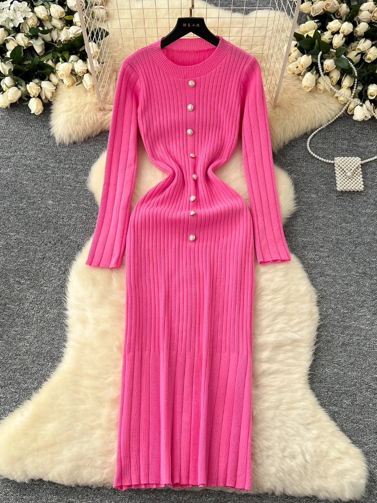 Women Elegant Casual Street Style Knitt Dress Autumn Item Metal Buckle Round Neck High Waist Slim A-line Knitt Dress for Women