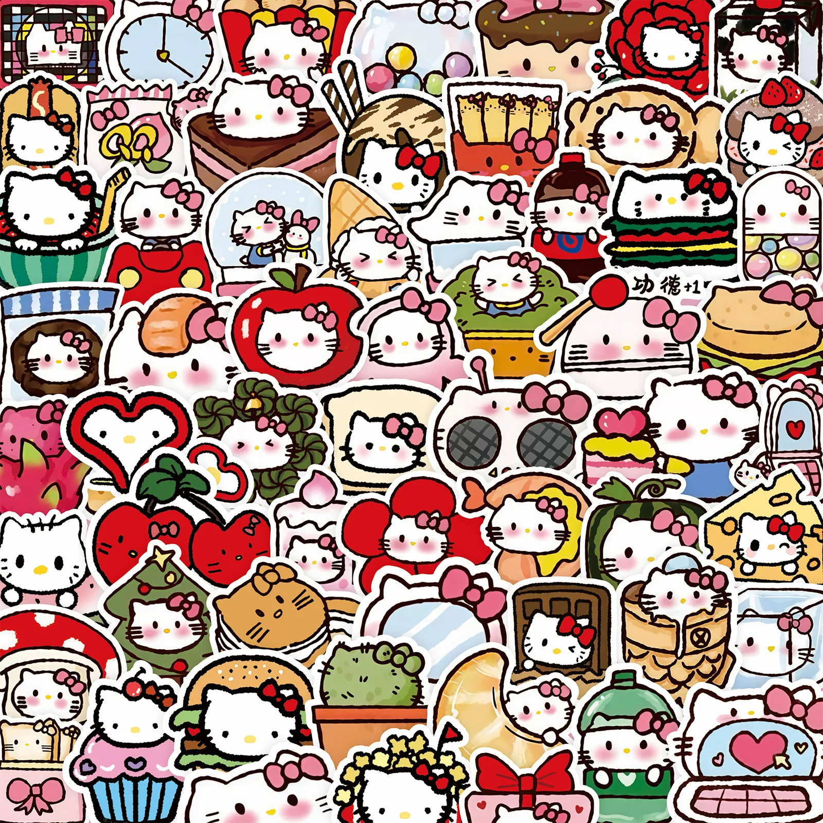 100 Uds comida de dibujos animados Hello Kitty lindo Anime pegatinas Graffiti calcomanías DIY teléfono nevera portátil pegatina decoración juguetes clásicos