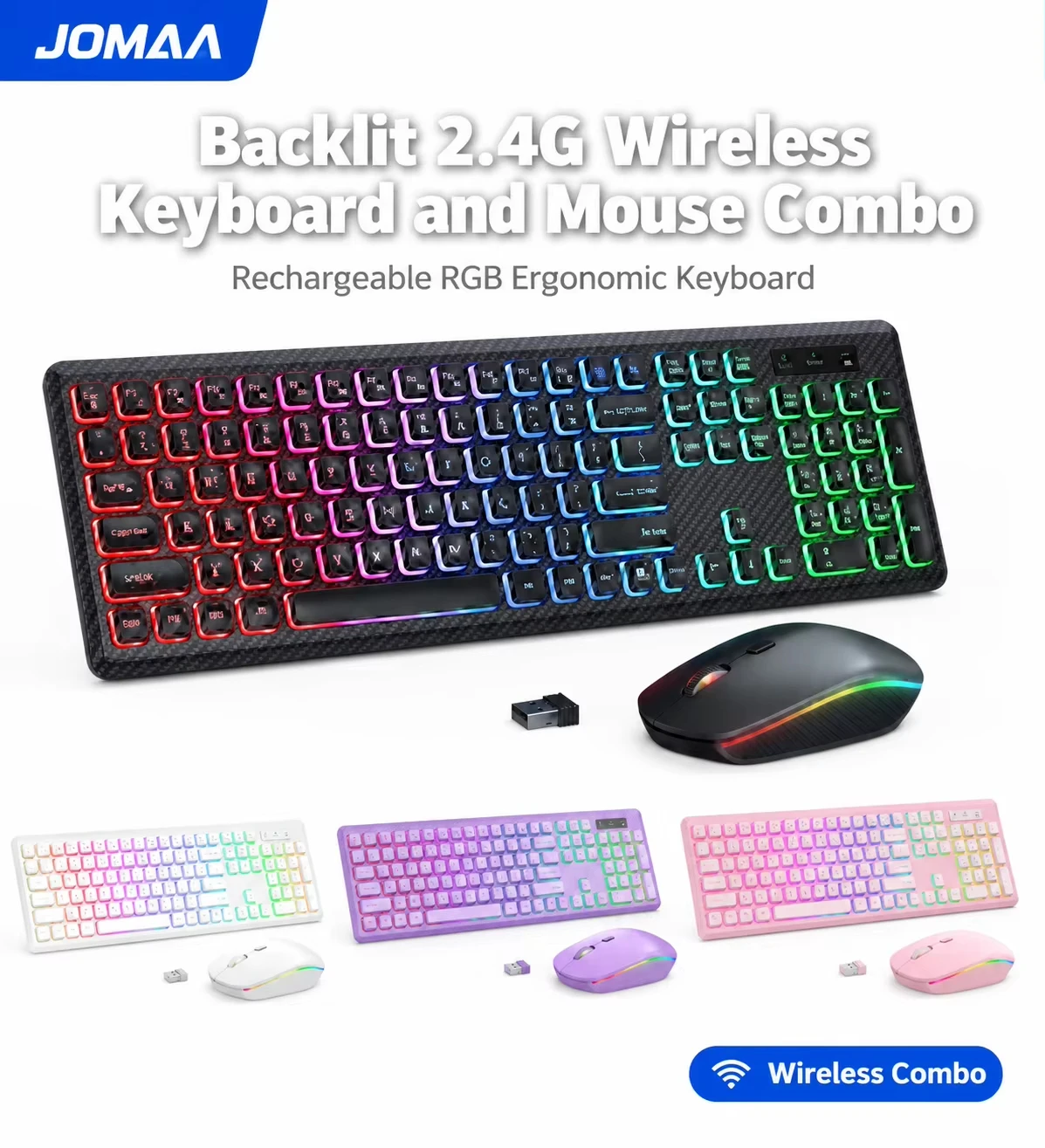 RGB Backlit Rechargeable Wireless Keyboard and Mouse Combo With 2.4G USB Receiver Ergonomic Design Set For Laptop Table Office