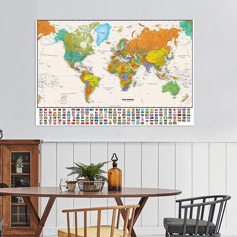 

The World Map with National Flags 150x100cm Painting Wall Art Poster Non-woven Fabric Children Educational Supplies Decor