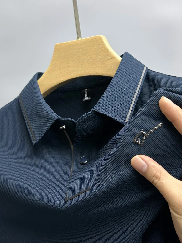 Light luxury brand ice silk short sleeve T-shirt men\'s lapel casual top summer fashion embroidery cool and breathable POLO shirt