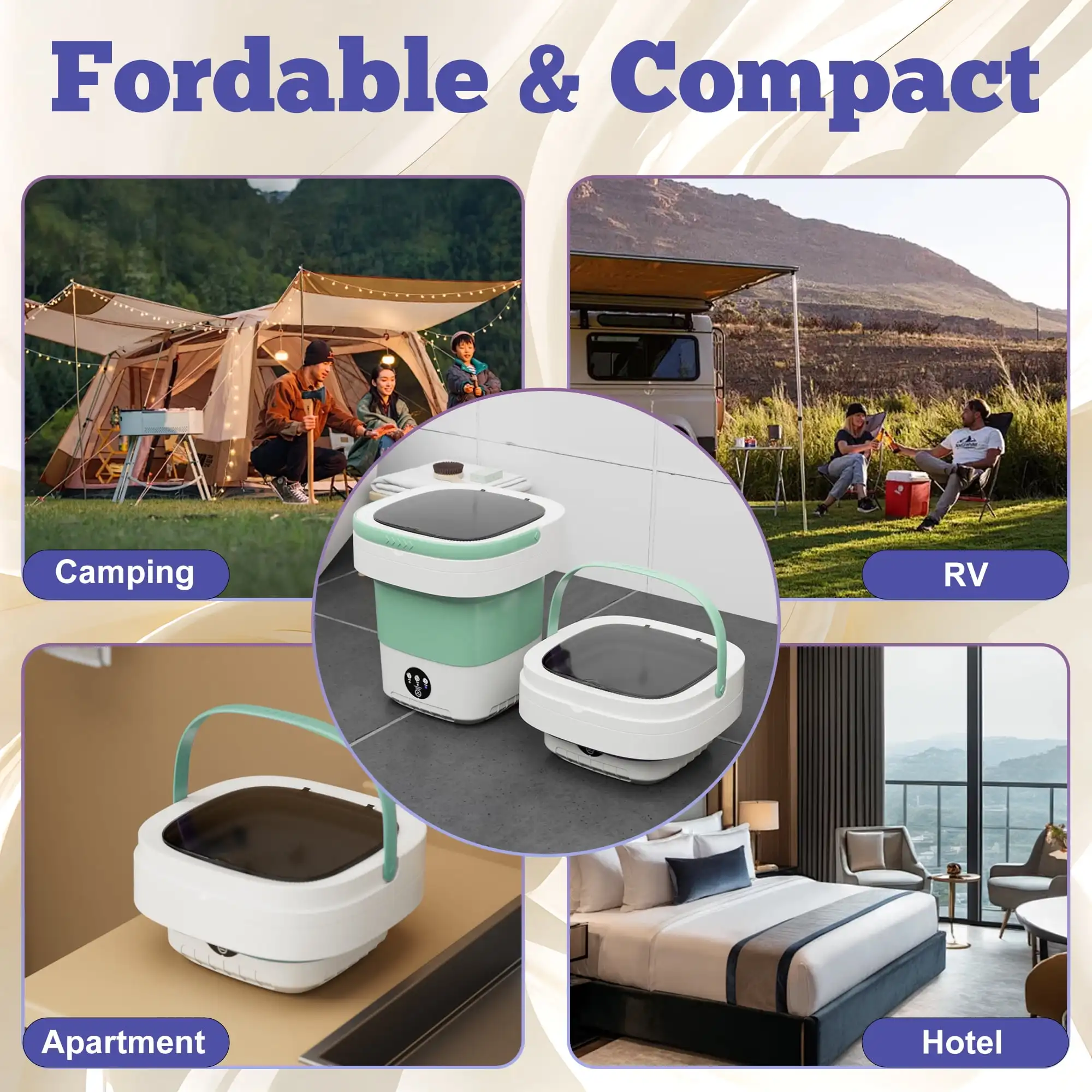 غسالة بنتانتان المحمولة سعة 12 لتر، غسالة صغيرة قابلة للطي للشقة، RV، السفر، أخضر