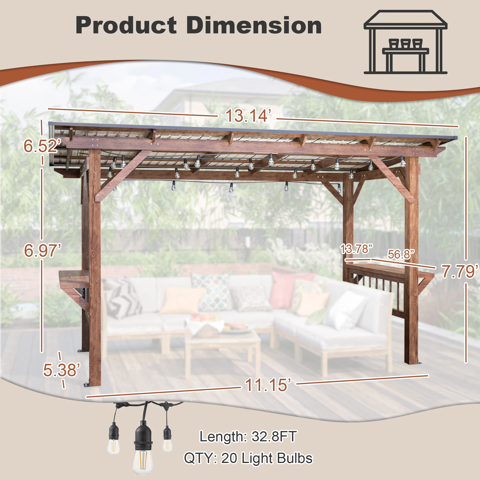 LZBEITEM 13' x 6.5' Wooden Pergola Grill Gazebo with Metal Roof & Bulbs & Bar Counters