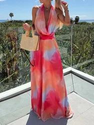 Lacing Up Printed Chic Maxi Dress, Women Summer Backless Sexy Party Dress, 2025 Sleeveless Fashion Holiday Ladies Beach Dresses