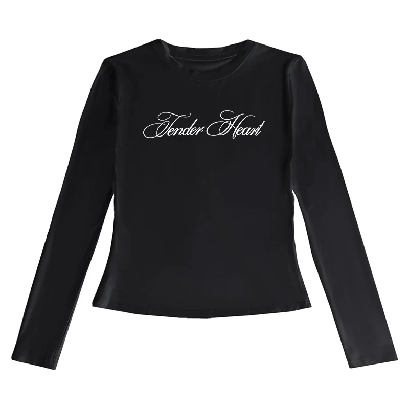 2000s Y2K ايمو فتاة القوطية خطابات طباعة عادية كم طويل تي شيرت Harajuku ريترو الجنية الجمالية الهيب هوب المرأة الشارع الشهير