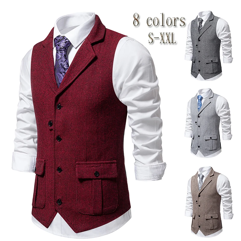 2024 New Men\'s Suit Vest Herringbone Twill Coarse Needle Suit Vest Vintage Single Breasted Lapel Vest Pocket Suit Waistcoat