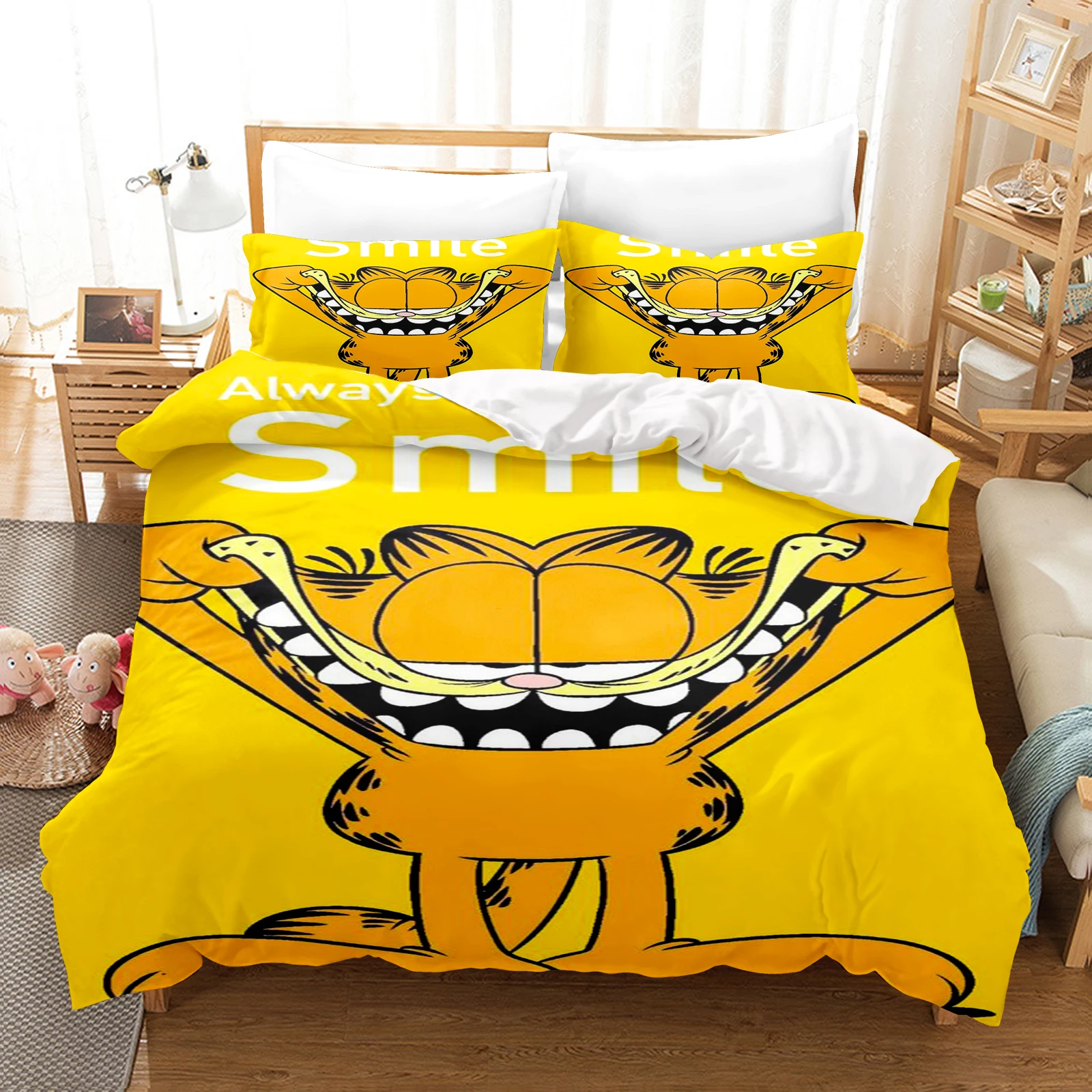 Garfield Anime Duvet Cover Set Comforte Printed Cartoon Twin Size Bedding Sets Christmas Gifts 3-piece