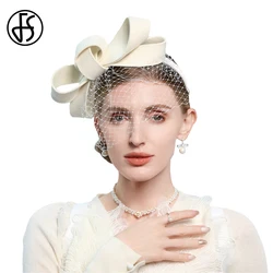 FS Fascinators White Wedding Hats For Women With Veil Bowknot Cocktail Tea Party Wool Fedora Lady Elegant Church Dress Derby Cap