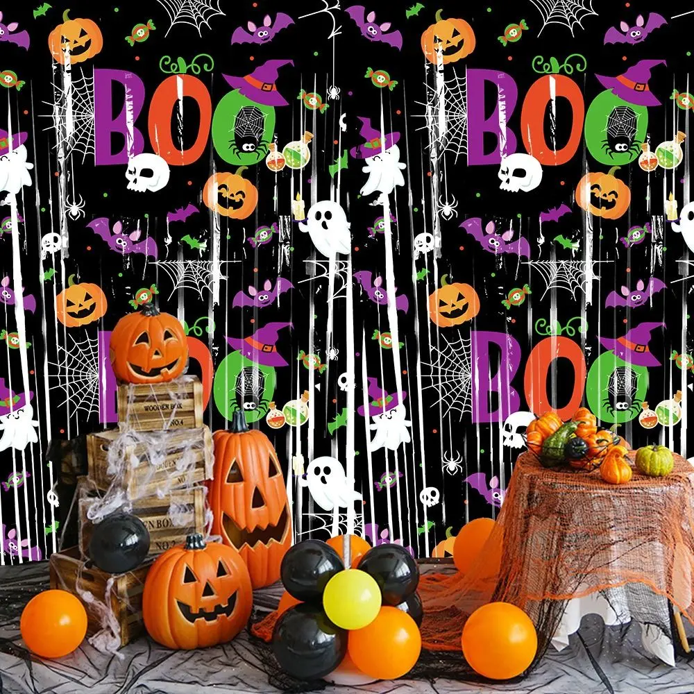 

1X2M Halloween Tinsel Curtain Creativity Sparkling Pumpkin Ghost Bat Curtain Shimmering Cartoon Door Hanging Decor