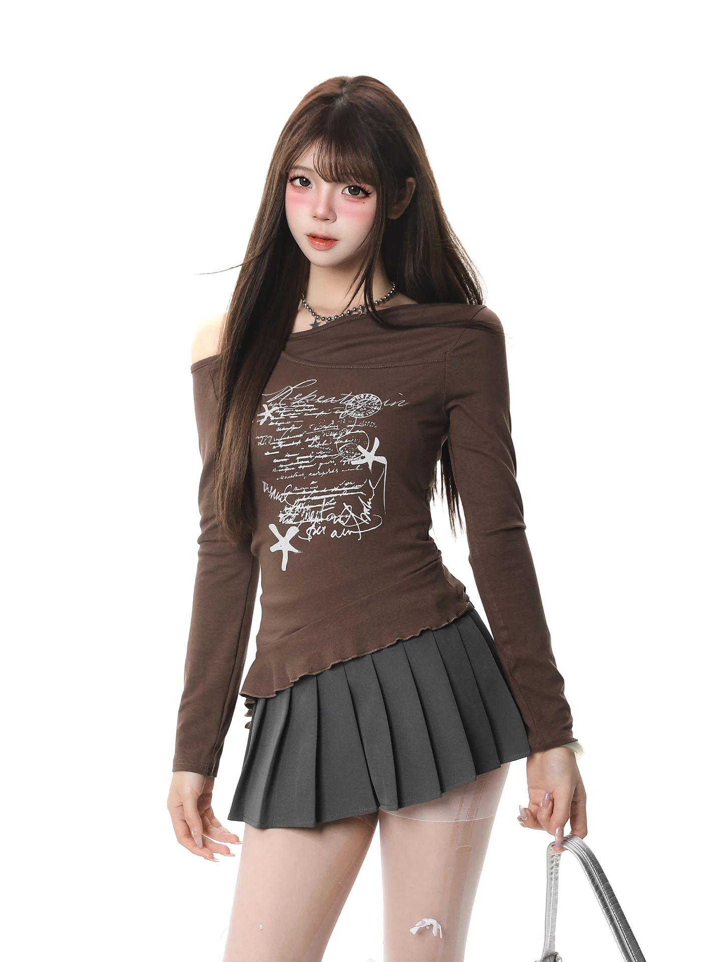 American Hot Girl Style Irregular Slant Collar Long Sleeve T-Shirt Women's Spring New Slimming Shoulder Exposure Design Top
