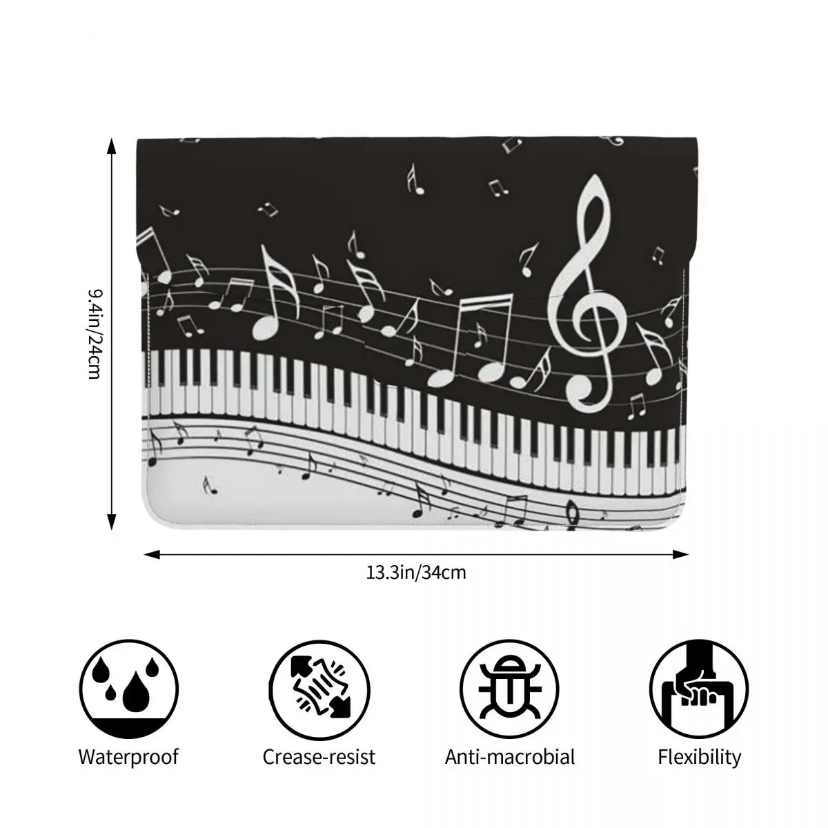 Golden Musical Notes Piano Keyboard PU Leather Horizontal Laptop Sleeve Shockproof Soft Lining Notebook Case 13 Inch