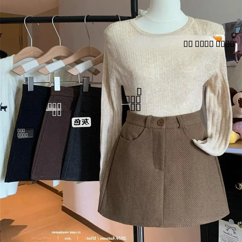 

Юбка женская шерстяная больших размеров, 300 Pou, с высокой талией, скрывающая бедра, универсальная, А-силуэт, короткая, осенняя коллекция