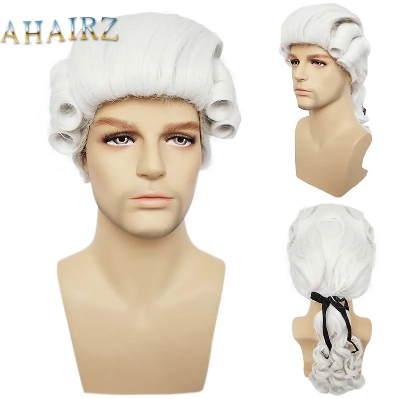 Synthetic Lawyer Cosplay Wig Deluxe Long Grey White Black Judge Baroque Curly Male Cosplay Wigs for Man Halloween Party