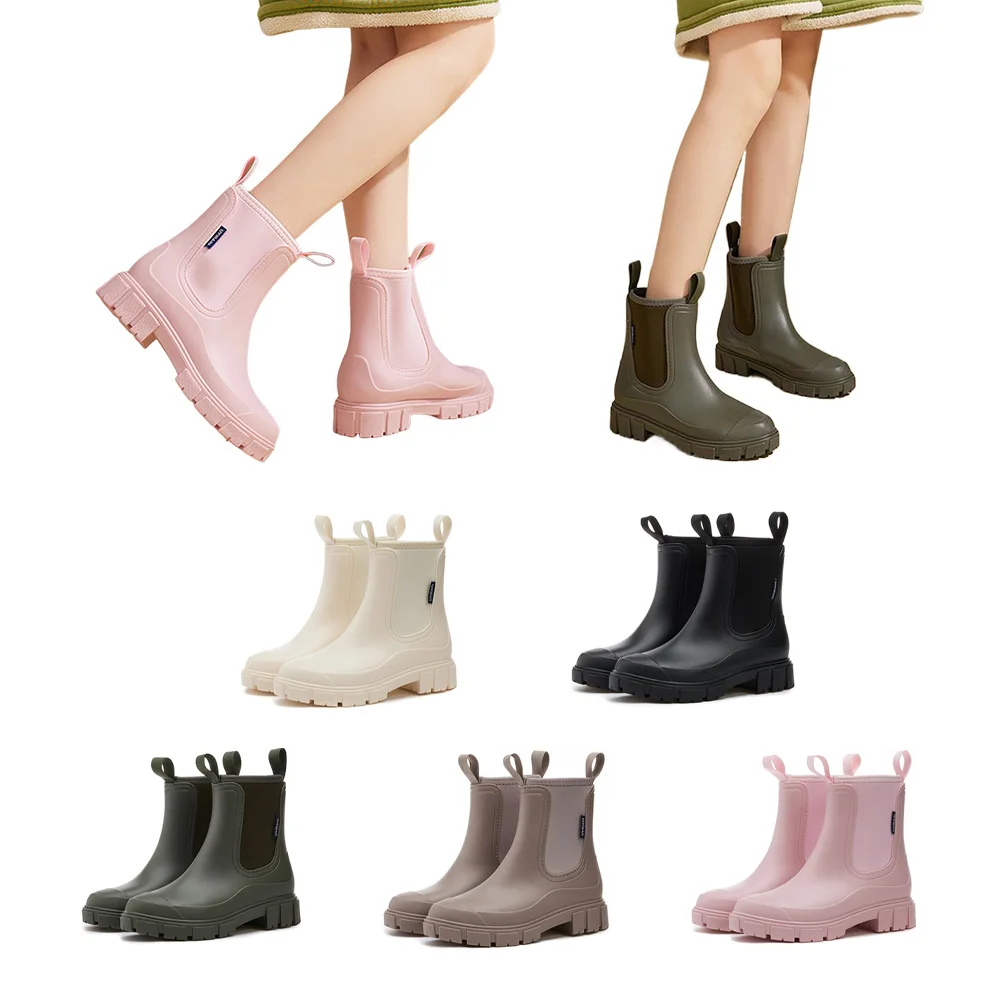 Women's Rain Boots w/Plush Lining Chelsea Rainboots Waterproof Ankle Rain Shoes Anti-Slipping Garden Shoes Outdoor Shoes