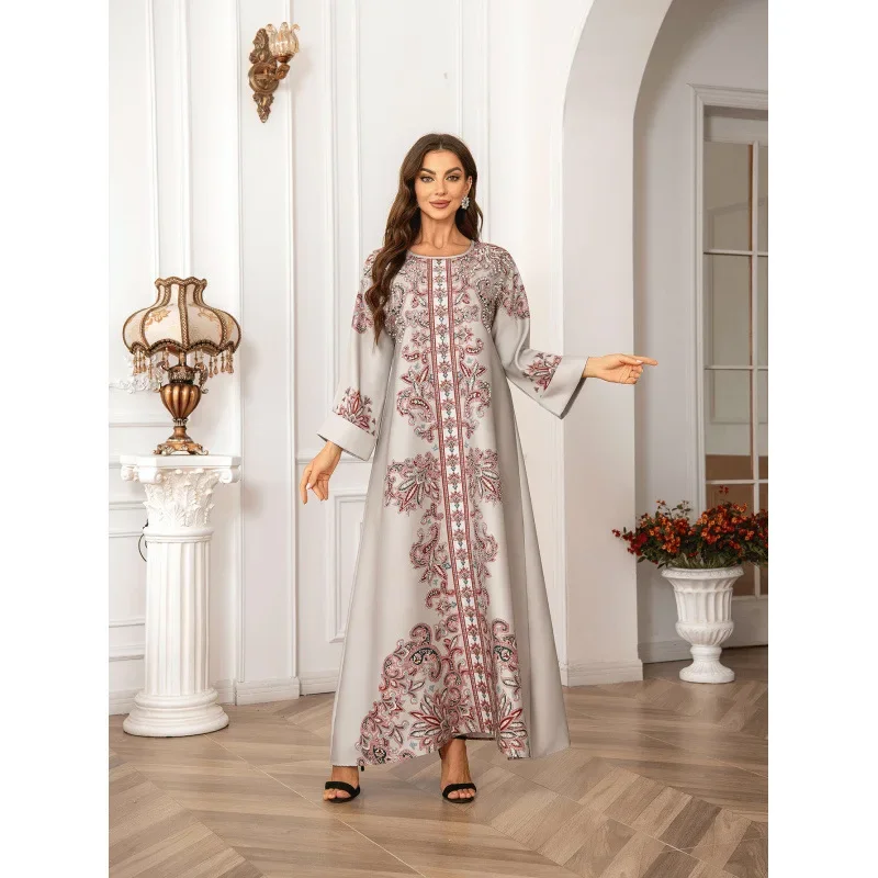 فستان قفطان نسائي مسلم عالي الكثافة مع أحجار الراين الإصلاحية وطباعة الشرق الأوسط عبر الحدود فستان طويل رداء #3
