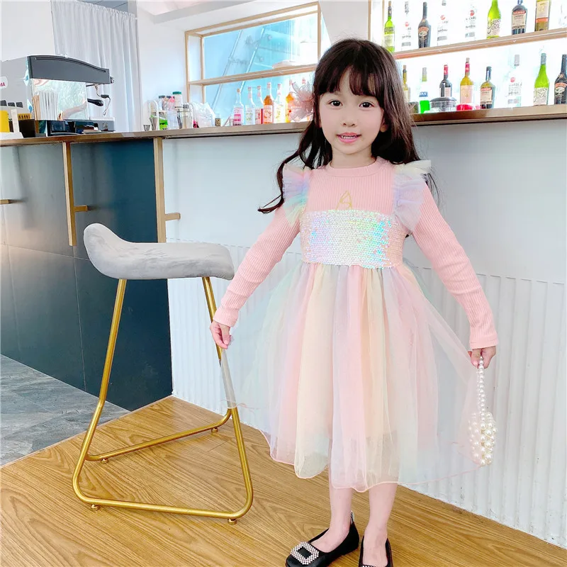 Girl Princess Dress Autumn/Winter Children's Long sleeved Solid Color Warm Dress Baby Pink Blue Mesh Lace Sequin Skirt