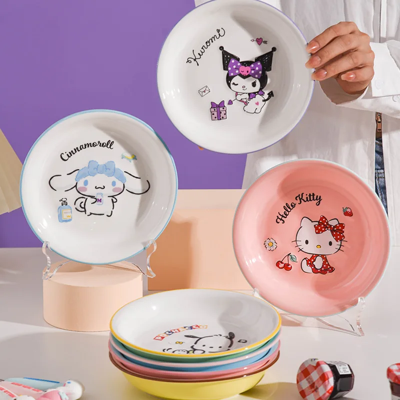 Kuromi Cinnamoroll Round Dinner Plates Household Ceramic Plate Salad Rice Bowl Kids Tableware Microwave Safe Kitchen Dinnerware