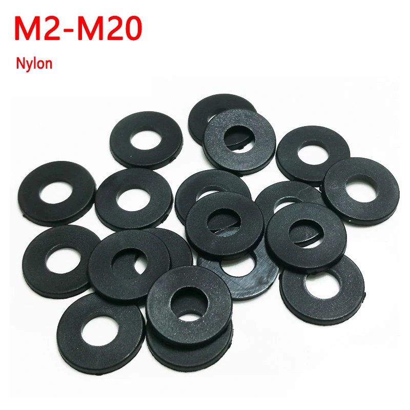 

50/100/200/500PCS M2 M2.5 M3 M4 M5 M6 M8 - M20 Black Nylon Flat Washer Plane Spacer Insulation Gasket Ring for Screw Bolt