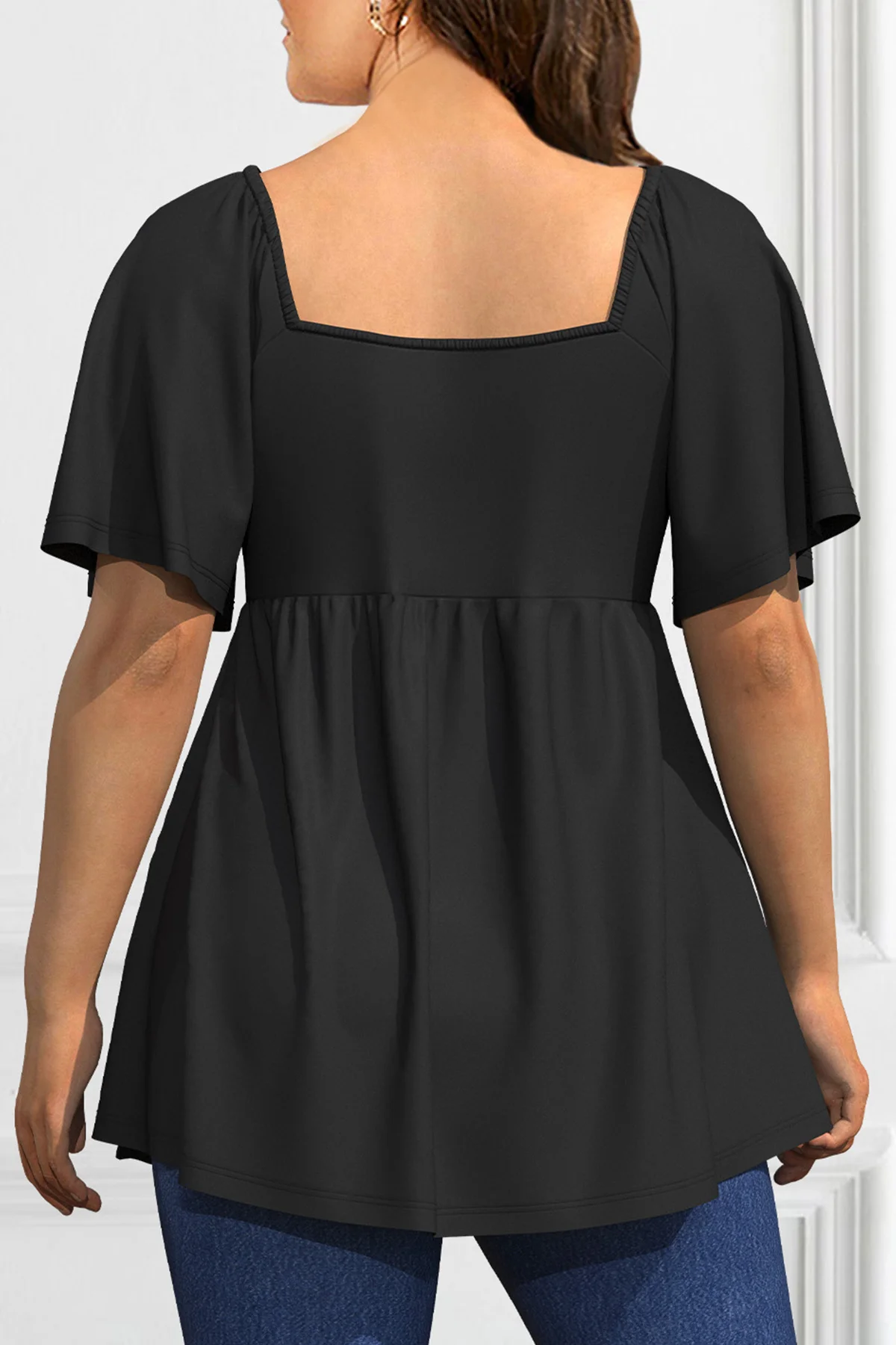 Plus Size Square Collar T shirts Fashion Lace Up Summer Top for Women Casual Elegant Office Lady Pleated Basic Short Sleeve Top