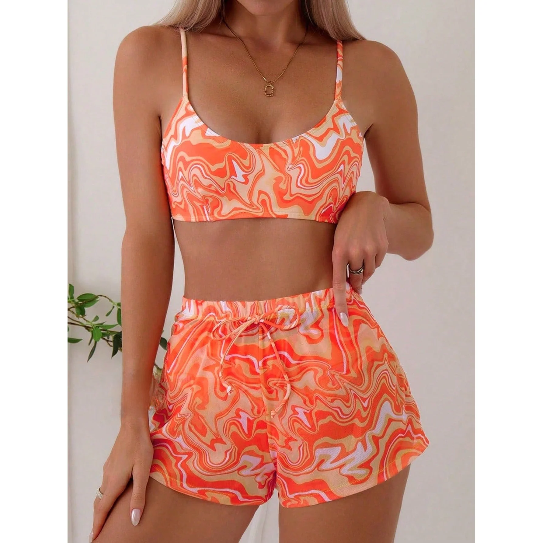 

Сексуальный комплект бикини с юбкой, трусики-шорты, комплект из трех предметов, полиэстер, хлопок, полосатый узор, свободный крой для осени