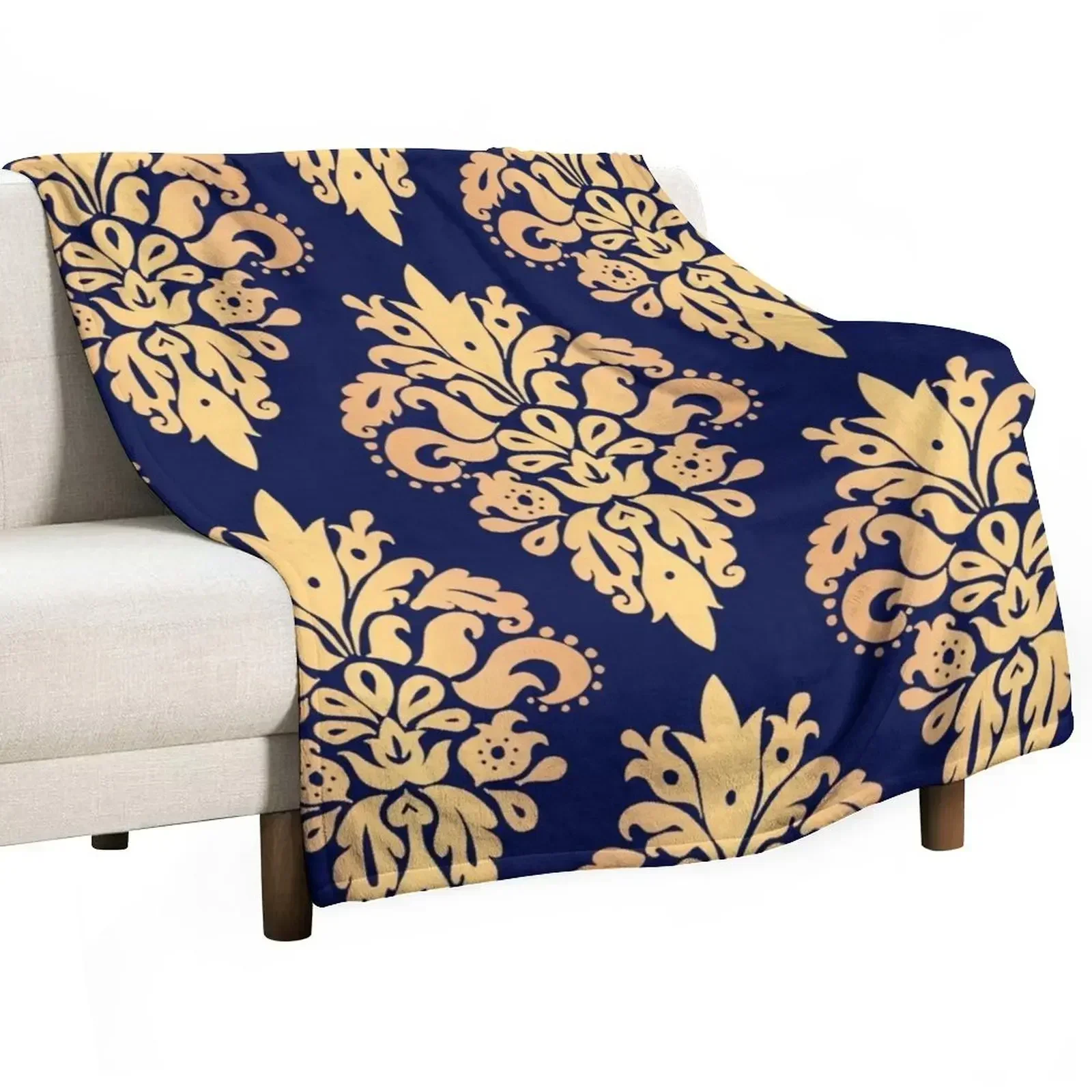 Blue and Gold Classic Damask Pattern Throw Blanket Moving bed plaid anime Blankets