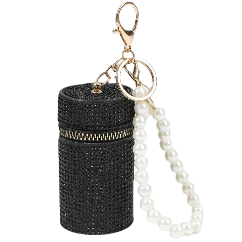 

New Cylindrical Stylish Mini Rhinestone PU Lipstick Bag Women Fashion Simple Portable Zipper Coin Purse Coin Bag with Keychain