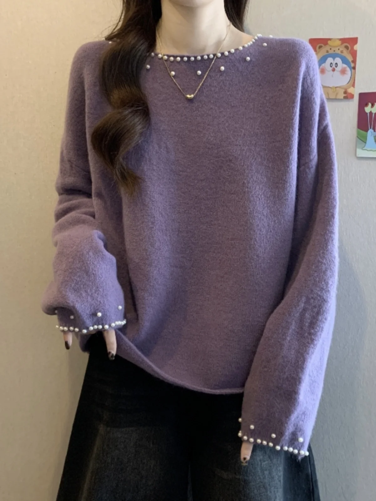 Purple Heavy Embellished Women's Knitwear Spring Autumn Large Size Beautiful Base Layer Sweater Soft Comfortable Long Sleeve