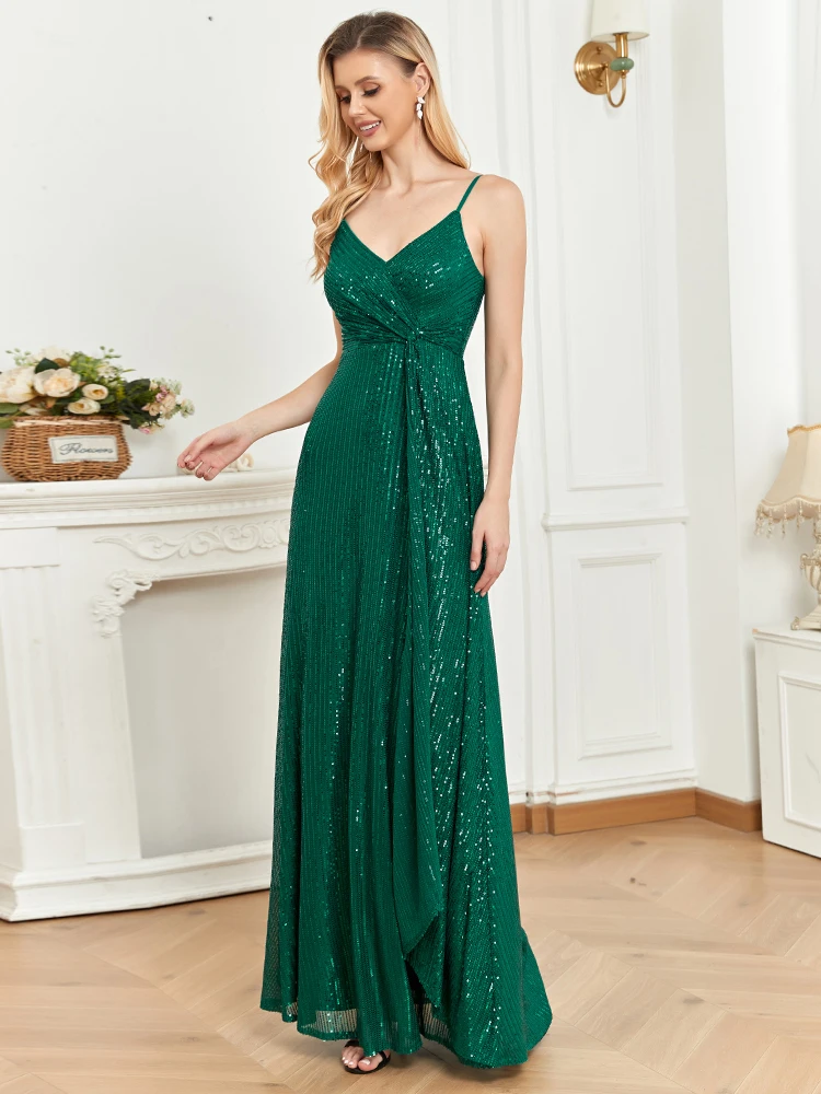 XUIBOL Elegant Suspenders V-Neck Evening Dress 2024 Women Sexy Wedding Party Sequins Long DressFor Formal Guests Green Prom