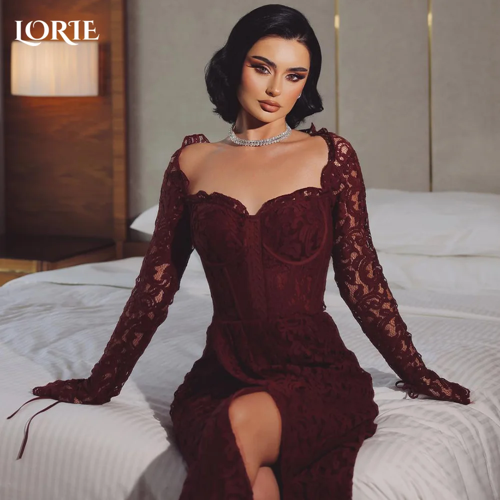 

LORIE Red Sweetheart Lace Mermaid Evening Dres Long Sleeve Side Slit Saudi Party Dress Sexy Customized Prom Gowns Cocktail Dress