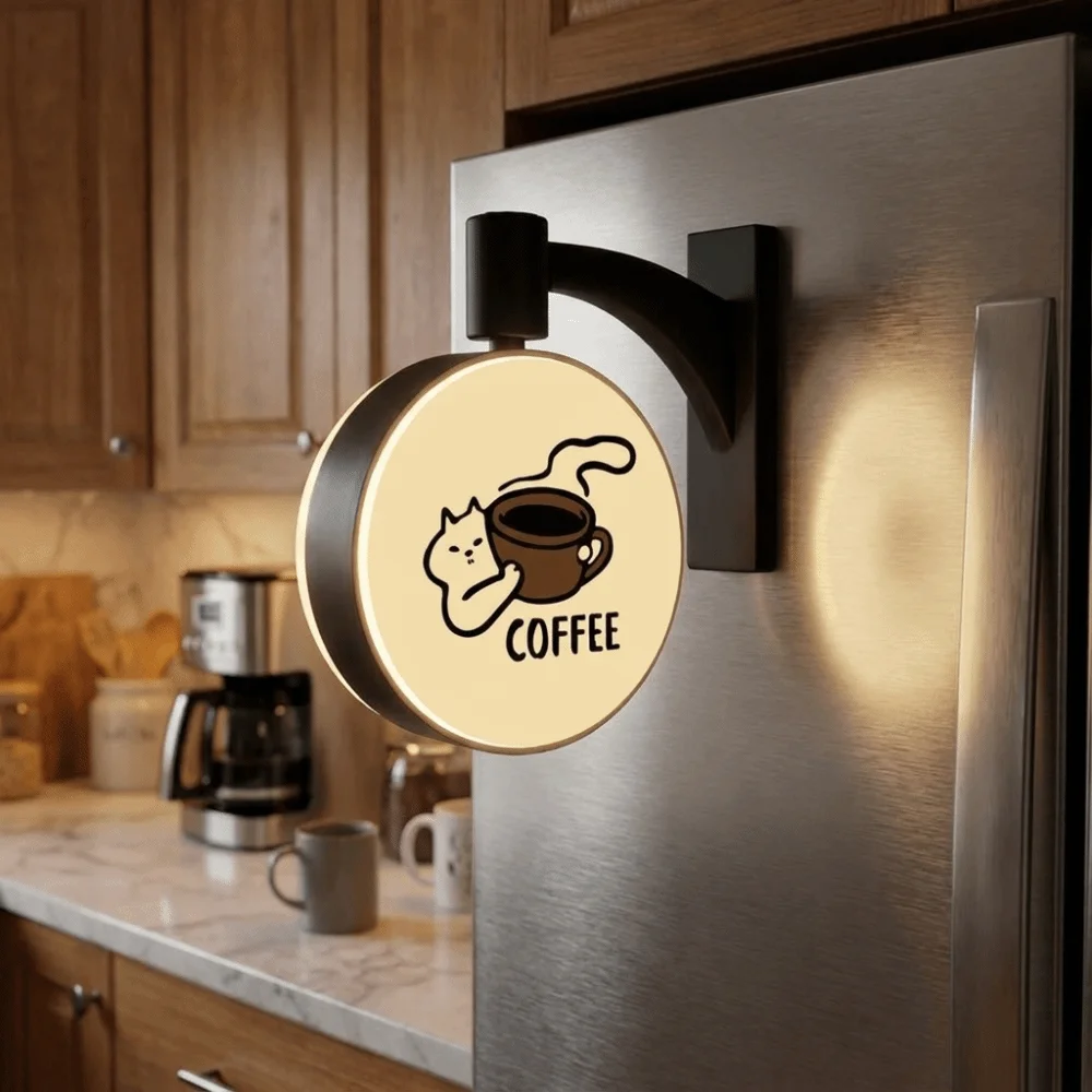 Magnetic Coffee Corner Light Sign Cartoon Cat Retro Glowing Cat Fridge Magnet Rotatable Soft Light Lamp Label Refrigerator Patch