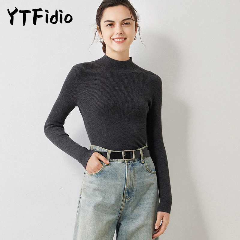 YTFidio 100% Cashmere Women Striped Half High Neck Pullover Mock Neck Slim Solid Soft Warm Elastic Pullover 54