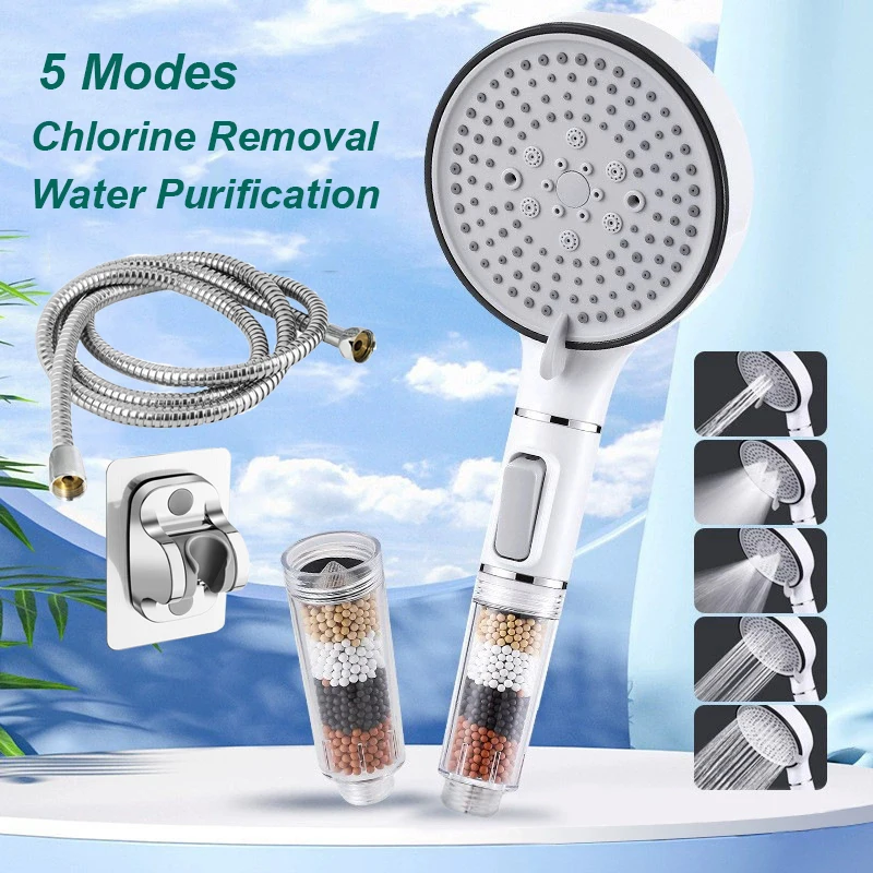 Cabezal de ducha de baño con botón de parada, 5 modos, filtro antilácar, higiénico, elimina el cloro, cabezal de ducha de filtración