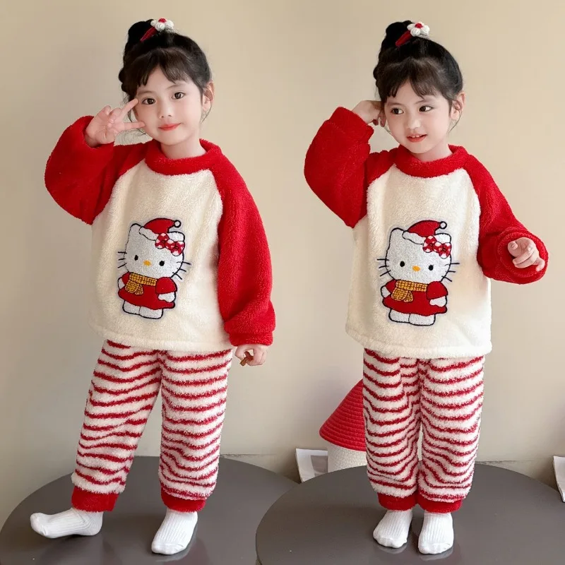 

Hello Kitty Anime Kawaii Sanrio Coral Fleece Long Sleeve Pajamas Cute Cartoon Children Thickened Home Wear Shirt Pants Set Toys