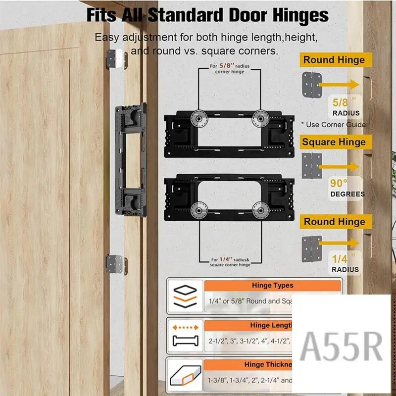 

5R-Door Hinge Jig, Door Hinge Template With 8 Hinge Sizes From 2-1/2In To 6In And 5 Door Thickness From 1-3/8In To 2-1/2In