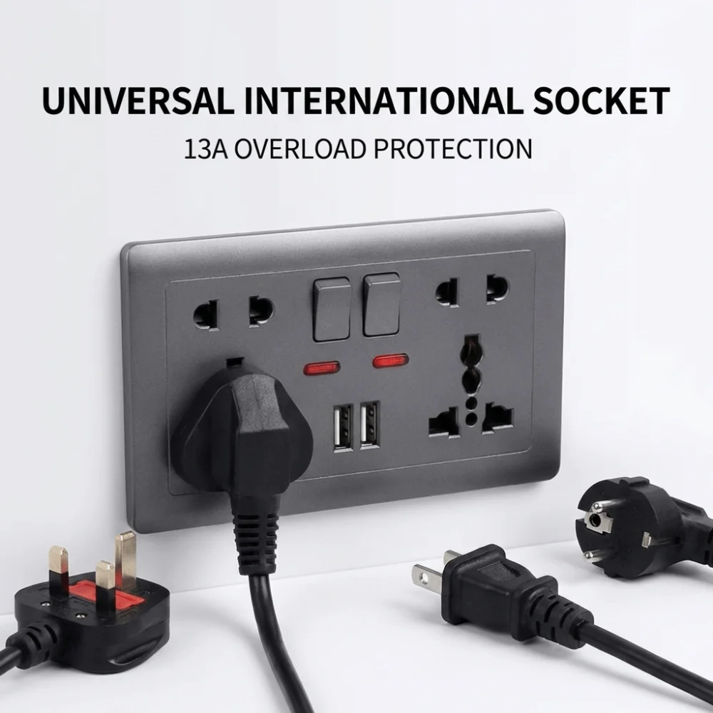 

Black Universal International Wall Socket Standard Electrical Global Power Socket Switch 5-pin 13A USB Socket Panel UK Plug