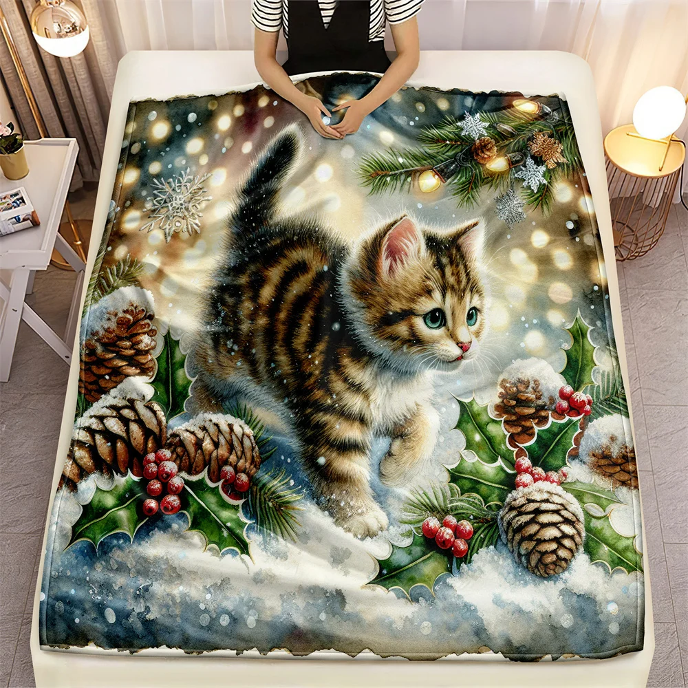 Santa Kitty Microfiber Blanket Super Soft Throw Blankets For Bed Bedspread Sofa Decorative Camping Picnic Winter Warm Blanket